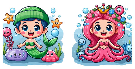 Naklejka premium Art of two cute cartoon mermaids in the sea