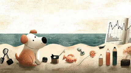 Pet Business Cute plush mouse with ocean background surrounded by toys and art supplies on table a festive pet in a meeting