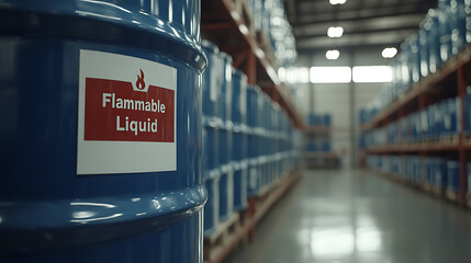 Warehouse storage of flammable liquid containers. Safety measures are crucial for handling and storing these hazardous materials to prevent accidents and ensure a safe environment.