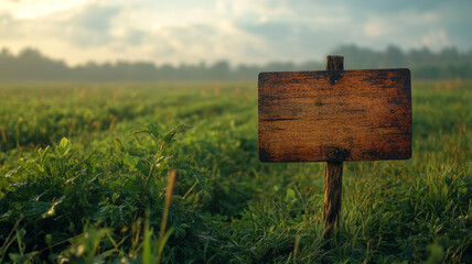 Empty wooden signpost in a grassy field at sunset