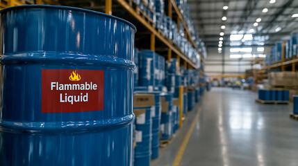 Plakat Flammable Liquid Barrel in a Warehouse. Shows safety measures for hazardous materials in an industrial setting, ensuring workplace compliance.