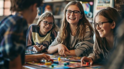 Fototapeta premium A group of teenagers playing a board game in a cozy room. Useful for illustrating friendly gatherings and family leisure time.