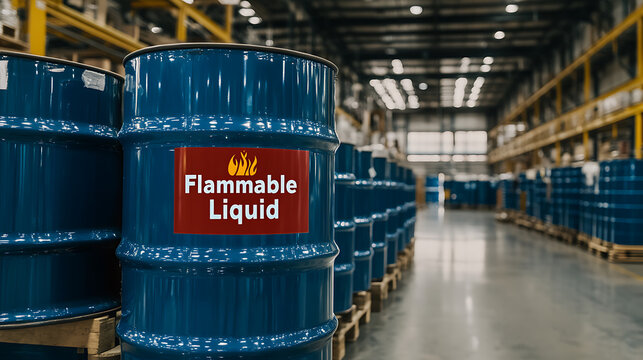Blue drums labeled flammable liquid in a storage warehouse, suggesting a hazardous materials area. Safety precautions are imperative.