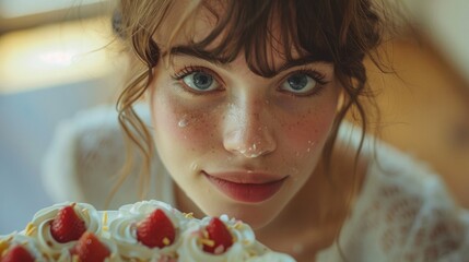 Woman with cake covered with strawberries and cream, her face in close up. Useful for cooking blogs and advertising of desserts.