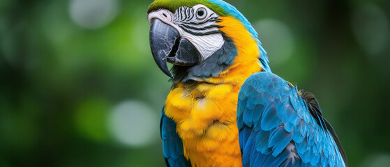 Bright parrot with colorful feathers. Useful for nature book covers, backgrounds for rainforest themes, wildlife illustrations.