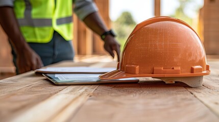 Safety Officer in Reflective Vest with Hard Hat and Tablet at Construction Site