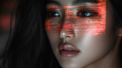 Close-up of a woman with glowing, digital code overlay on face