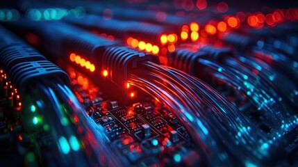 Close-up of glowing fiber optic cables and circuit board