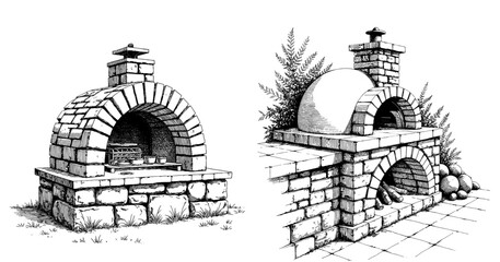 Vintage black pen sketch close up of stone ovens 