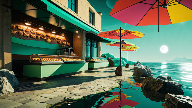 Quaint seaside bakery offering delicious treats and picturesque views under sunny umbrellas