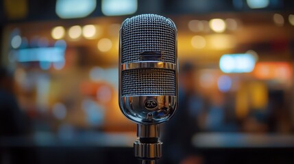 Close-up vintage microphone, blurred city background