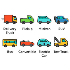 Modern Vehicle Icon Set—Line Style Transport Symbols for Web & Mobile UI.