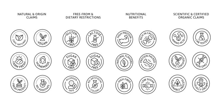 Healthy Food Icons and Emblems. Line Art Badge Set for Certified Organic Claims, Packaging, Branding