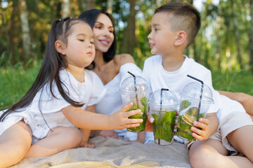 Family Picnic in Summer Mother and Children Drinking Lemonade and Having Fun Outdoors in Nature