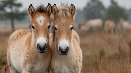 Obraz premium Twin foals standing closely together in a serene natural setting during early morning light