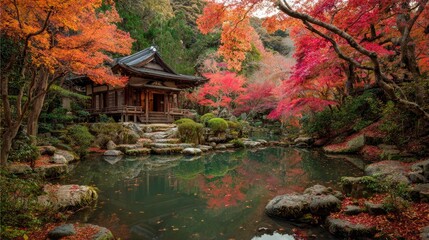 Tranquil autumn scene with a traditional Japanese temple reflected in a serene pond landscape.