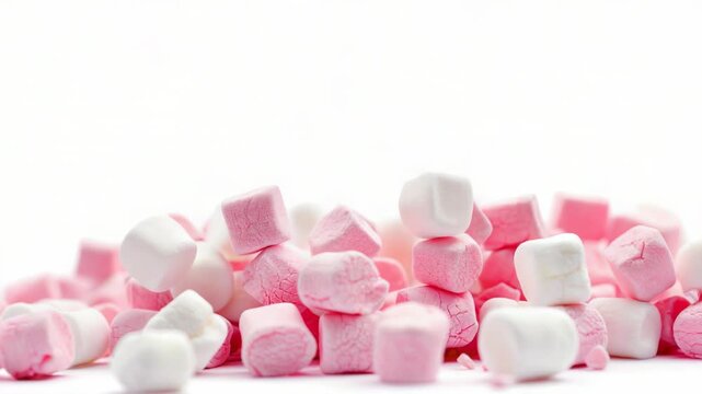 A pile of soft and fluffy marshmallows in pink and white colors on a clean white surface