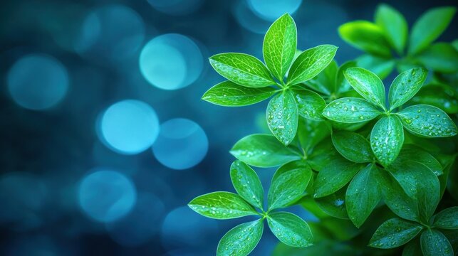 Fresh, vibrant leaves with water droplets on a blurred blue background