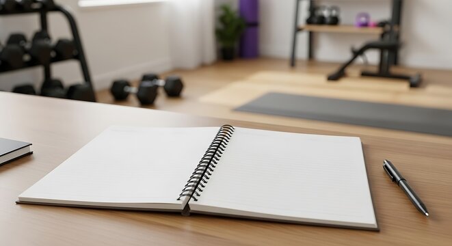 Fitness Goal Planning Open Notebook in Gym with Workout Equipment | Health & Wellness