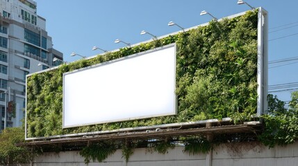 Blank billboard overgrown with lush greenery on a clear day offering a modern aesthetic appeal.