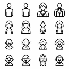 simple black and white icons, head and shoulders, different genders and ages, stylized minimalist characters
