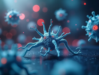 Microscopic view of vibrant viruses interacting in a dynamic environment filled with colorful lights