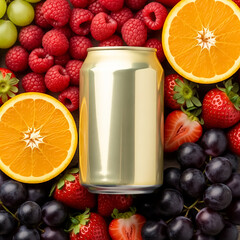 Colorful fruits surround a golden can, showcasing a vibrant and refreshing assortment ideal for summer gatherings