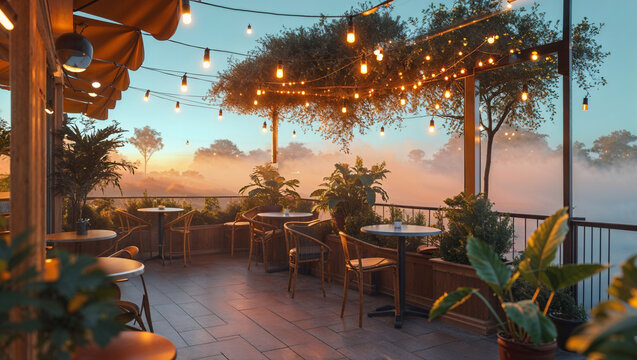 Scenic outdoor cafe terrace with string lights and plants at sunrise or sunset