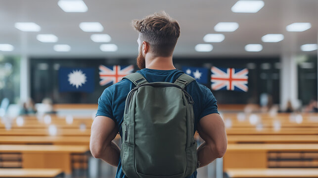 Back view of a student with backpack, in a classroom with national flags. Study abroad or international exchange concept, higher education.