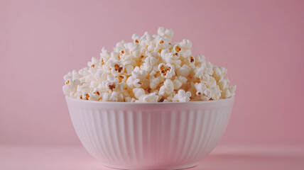 Bowl of popcorn against a pink background.