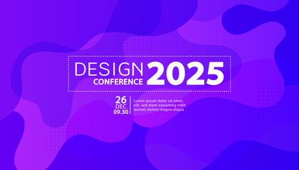 design conference 2025 banner template with modern futuristic typography on a vibrant purple and blue gradient background. abstract vector layout for a business event or promotion