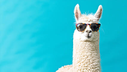 Fototapeta premium Cool llama with sunglasses posing against turquoise background with space for text