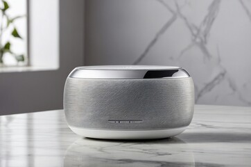 A silver and white speaker with a grey and white design