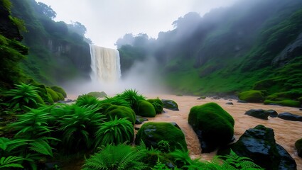Lush Waterfall Landscape with Moss Covered Rocks and Ferns