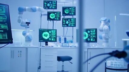 Futuristic laboratory with robotic arms performing tests, technological innovation - Powered by Adobe
