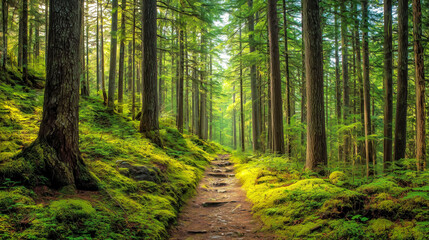 Fototapeta premium Sunlit forest path winding through moss covered trees and lush g