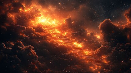 Naklejka premium Fiery celestial stairway through burning clouds