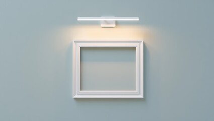 Minimalist white square frame illuminated by a modern linear LED light on a cool blue-grey wall.