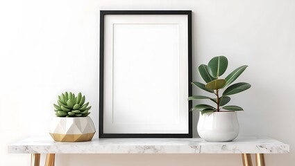 Modern black vertical picture frame with blank space on a white marble console table with green plants