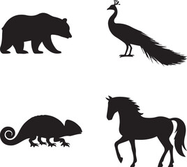 Obraz premium Wild animal silhouettes in a collection of running and isolated a bear, peacock, chameleon, and horse