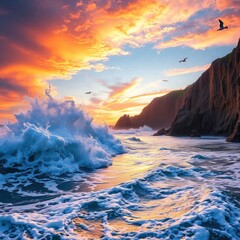 Fototapeta premium sunset and big ocean waves crashing against the cliffs 