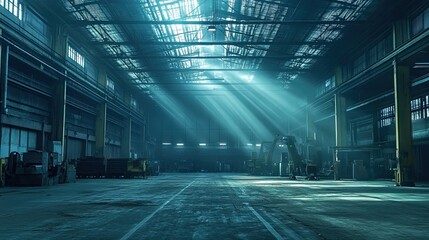 Large Concrete Factory Floor with Metal Structures, Warehouse Lighting, and Industrial Work Environment 