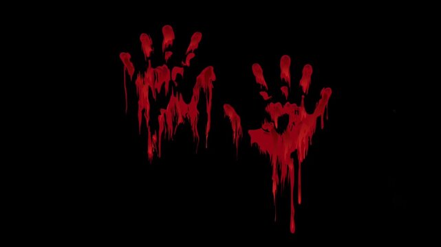 Animated red blood on a wall against on black background.
