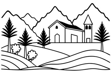 Countryside Church Landscape Coloring Page | Mountain Hills & Trees Outline