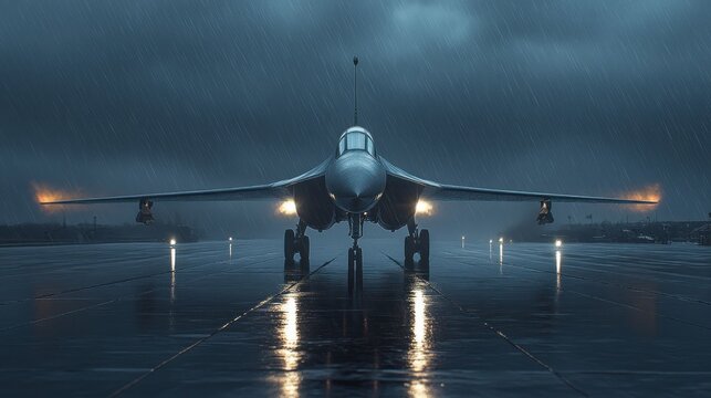 Fighter jet on rainy runway at night