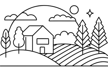 Countryside House Landscape Coloring Page | Farm Fields & Trees Outline

