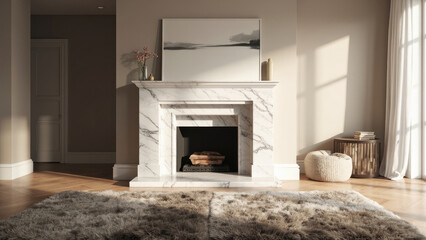 Elegant living room interior with marble fireplace abstract landscape painting fluffy rug wooden floor and natural light