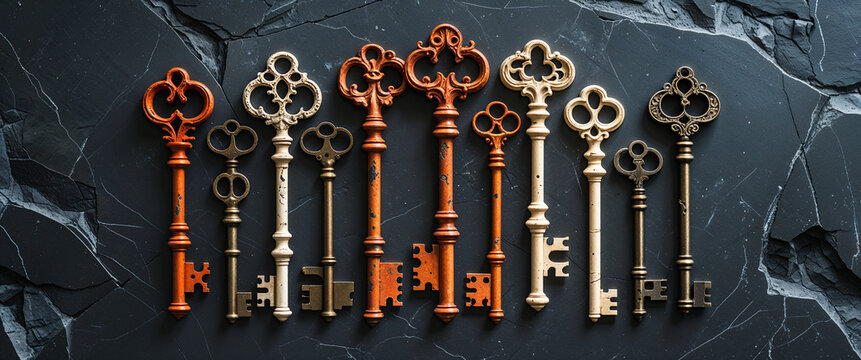 Antique skeleton keys arranged on a dark textured background showcasing vintage details