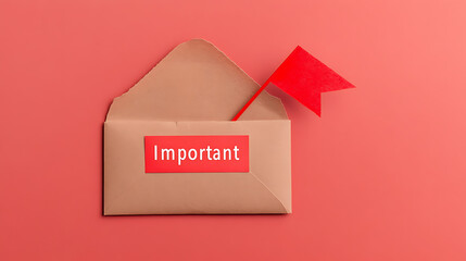 Urgent mail concept with flag for prioritizing; brown envelope with "Important" label. Bright red background. Message received.
