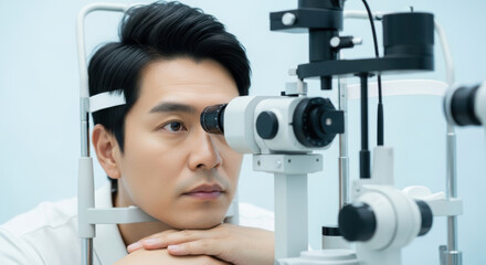 Attentive adult man undergoing detailed vision examination using advanced optometry equipment during regular eye checkup for accurate health assessment